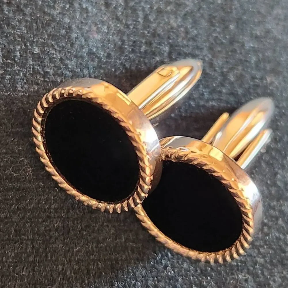 Black silver tone mens cufflinks circle round simple minimal